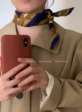 KWAN韩系藏蓝花卉图腾小方巾丝巾女复古百搭领巾秋季高级感系脖