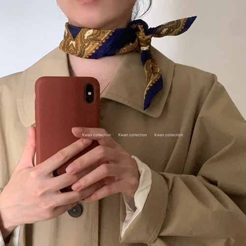 韩系藏蓝花卉图腾巾丝复古小方巾