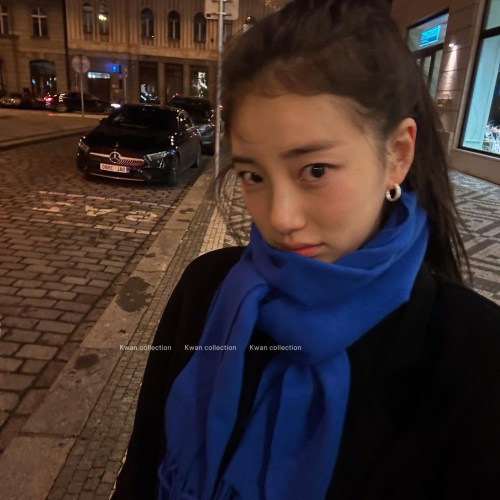 智秀同款宝蓝色羊毛围巾百搭保暖