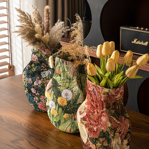 美式复古花瓶布艺客厅插花装饰品高级感轻奢风家居饰品摆件布花瓶