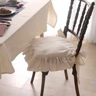 外贸法式 餐椅坐垫纯棉可拆洗全棉花边绑带布艺椅子垫5CM 椅垫美式