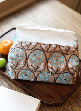 重工刺绣桌面纸巾盒车载挂式抽纸袋复古布艺高级立体有型餐巾收纳