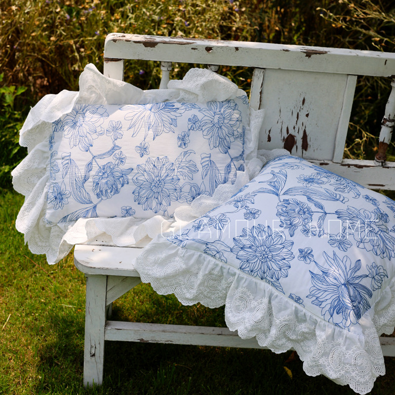 双面法式荷叶边抱枕腰枕纯棉刺绣