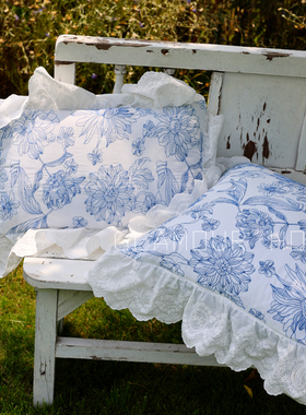 双面图案法式刺绣抱枕纯棉靠枕腰枕加长荷叶边民宿酒店软装氛围感