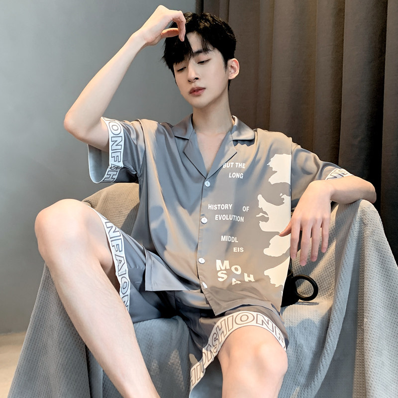 春秋男士睡衣2023新款短袖薄款冰丝夏季青少年家居服冰丝套装大码