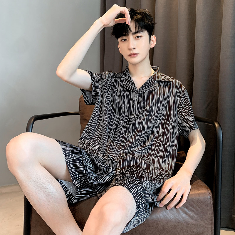 春秋男士睡衣2023新款短袖薄款冰丝夏季青少年家居服冰丝套装大码
