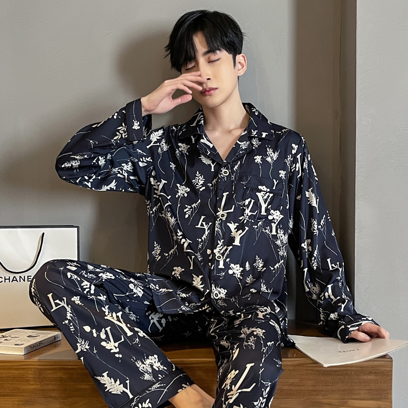 睡衣男士春夏季长袖仿真冰丝