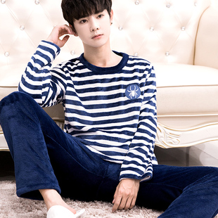 睡衣男冬法兰绒加厚保暖秋冬季长袖休闲青年男士珊瑚绒家居服套装
