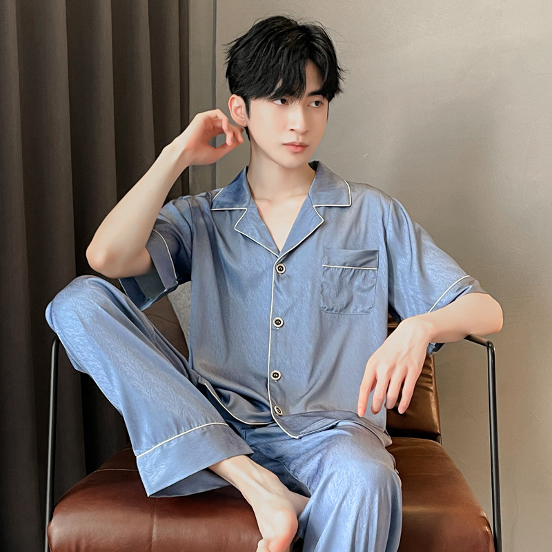 男士睡衣短袖长裤薄款冰雪丝大码春秋家居服夏可外穿丝绸两件套装