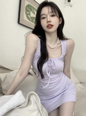 纯欲风紫色吊带连衣裙夏季2024新款小众设计感辣妹包臀收腰短裙女