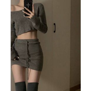 小个子辣妹法式 灰色一字肩针织上衣半身纯欲包臀裙两件套春秋 套装