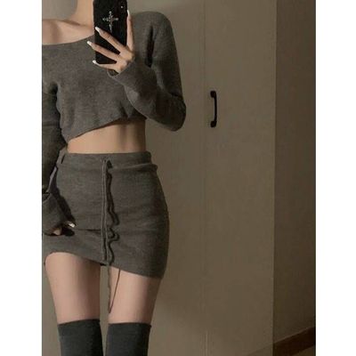 一字肩针织上衣半身裙两件套