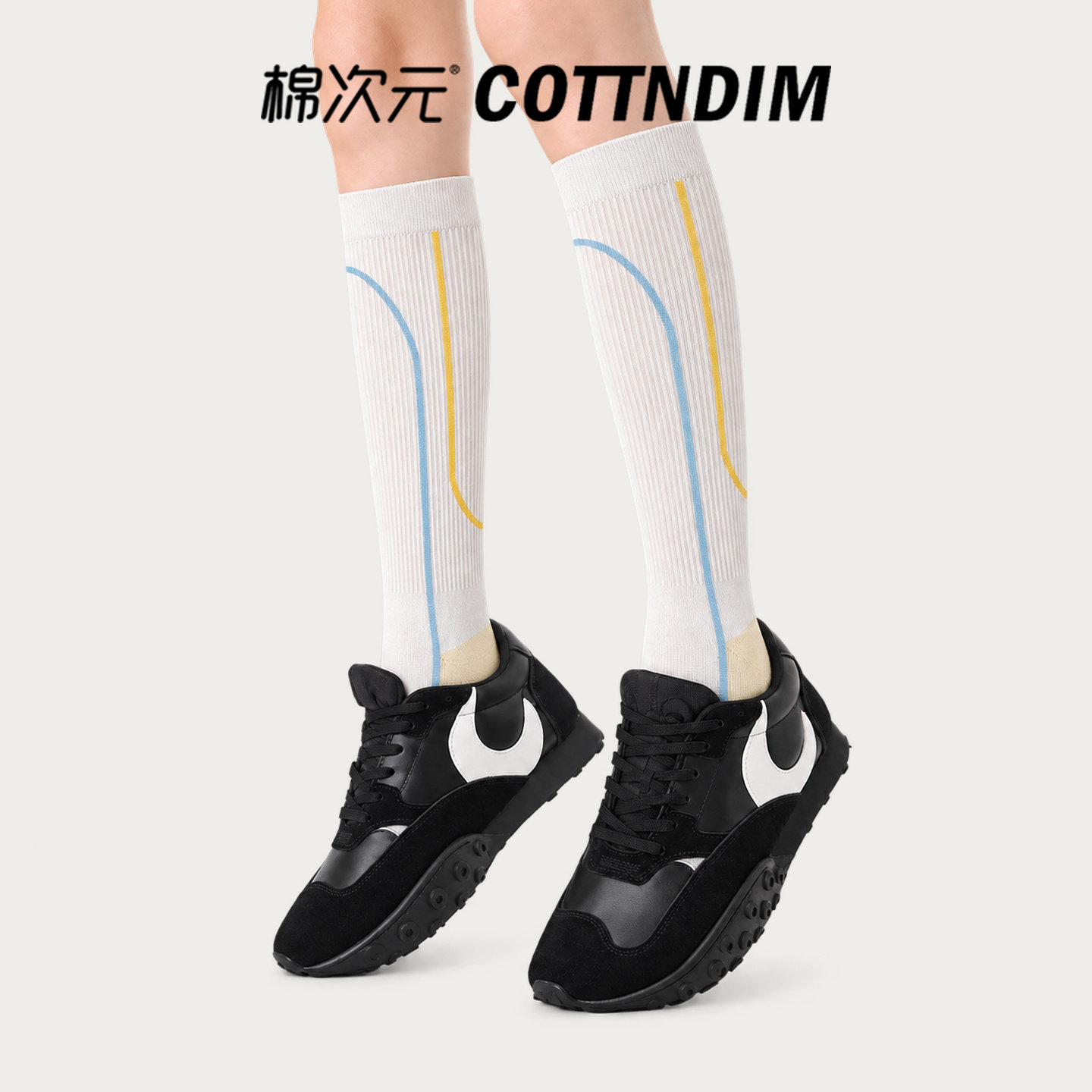 棉次元长筒袜女瑜伽普拉提训练弹力运动袜撞色设计健身跳绳长袜子