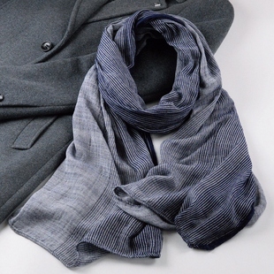 新款棉质围巾男女春秋冬季薄款韩版蓝色渐变条纹舒适百搭围脖潮流