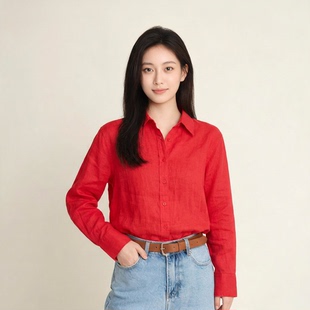 法式慵懒风亚麻衬衫女薄款长袖宽松翻领红色条纹松弛感百搭防晒衣