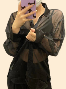 欧根纱宽松透视女长袖衬衫法式女名媛性感上衣外贸高端黑色心机熟