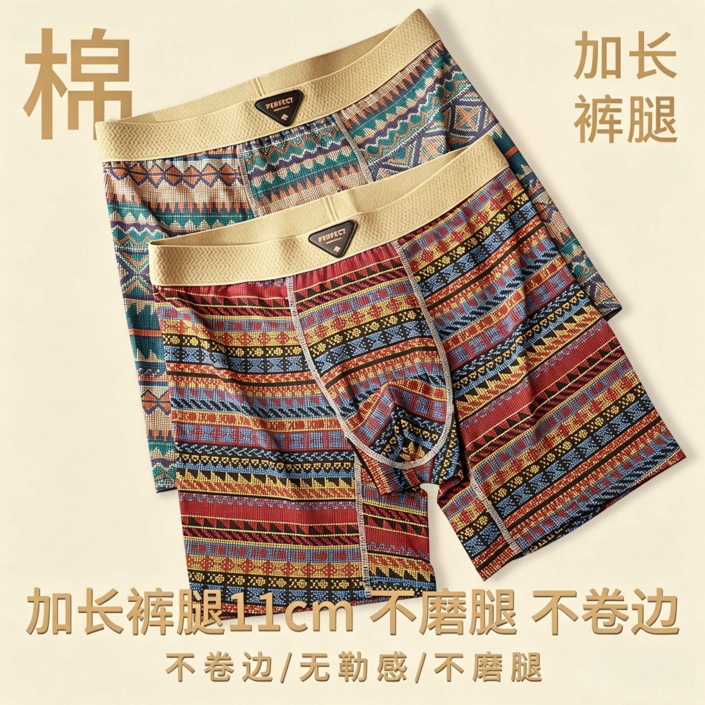 加长款防磨腿男士运动内裤纯棉吸汗透气抗菌平角短裤跑步健身内裤