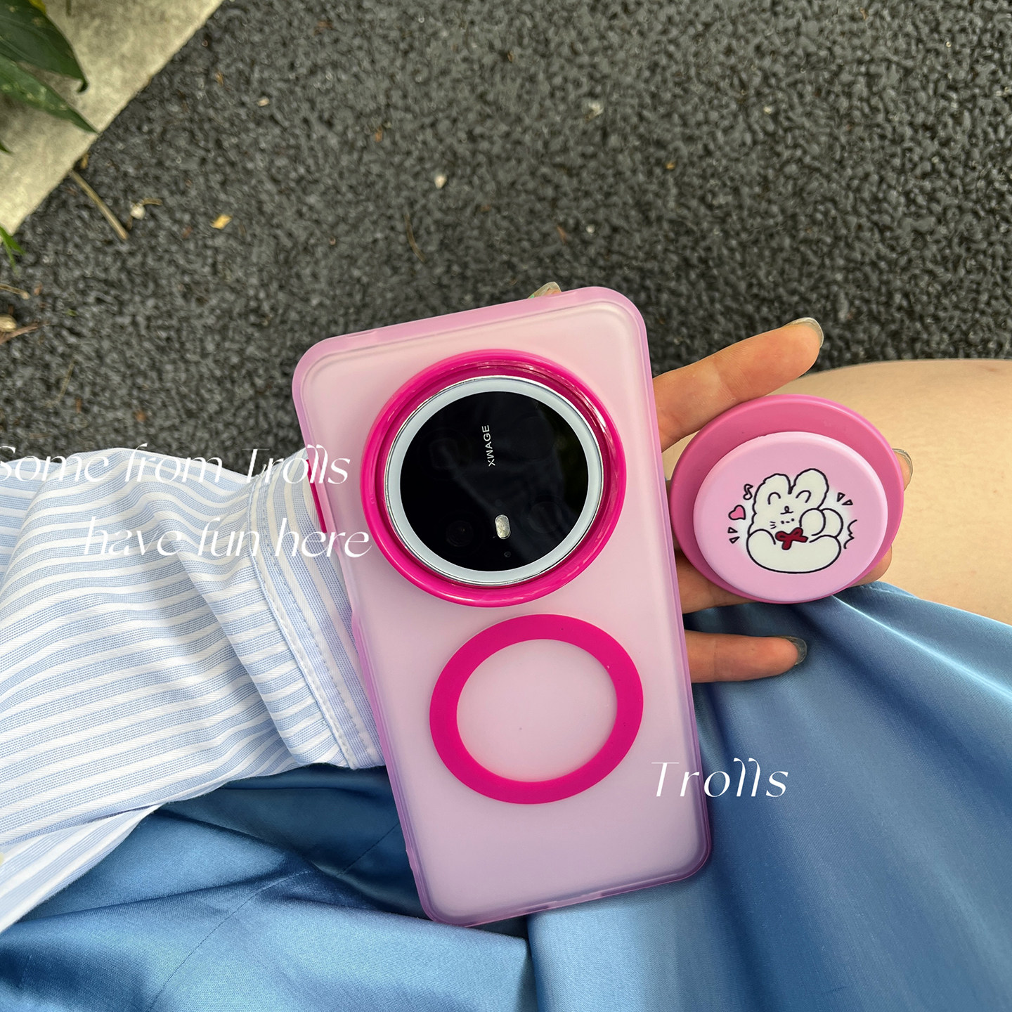 Trolls|粉粉爱心小兔 磁吸手机壳磨砂透粉色双色保护套适用华为mate70Pro+ipone17小米17高级感小众ins风撞色