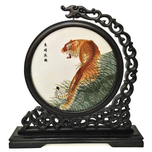 紫金湘绣双面绣刺绣摆件手工绣花国宝熊猫鸡翅木摆台出国礼品