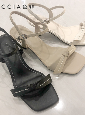 色非高跟凉鞋女士2024年夏季新款方头蝴蝶结一字扣带细跟凉拖B729