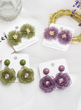 雪纺蕾丝花朵耳钉925银针耳饰花朵女夏温柔仙女温柔紫色花瓣耳钉