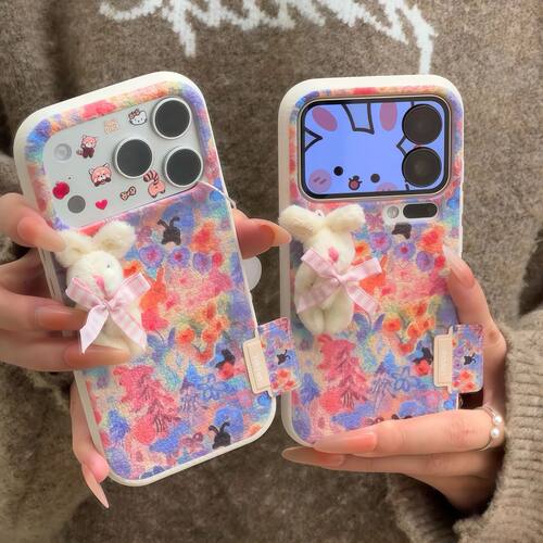 油画毛绒兔适用苹果17手机壳16promax防摔15Pro全包13/14保护套