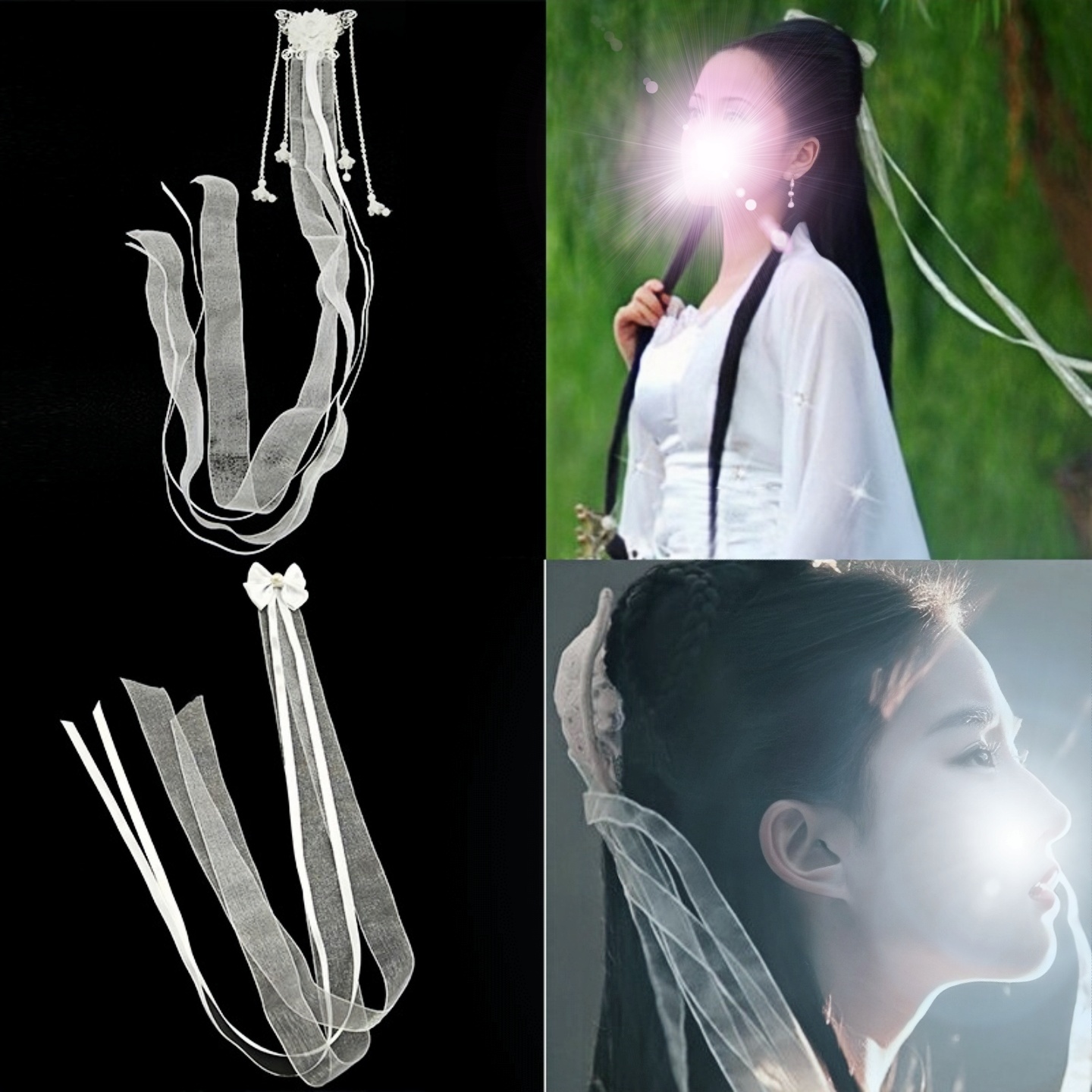 古装汉服假发整顶头套复古风小龙女飘带宫廷造型披肩发流苏蝴蝶结