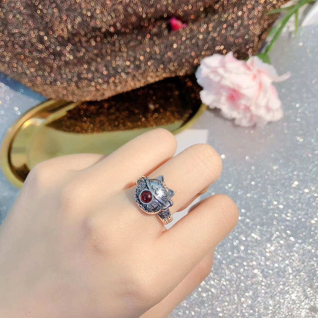 春晓老银匠招财猫纯银活口戒指