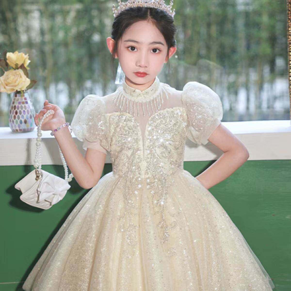 韩国女童公主裙高端礼服2024儿童夏季连衣裙小女孩洋气蓬蓬纱裙子