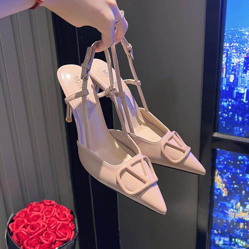 港风轻奢新款~包头一字带凉鞋女春夏季法式真皮尖头细跟高跟单鞋