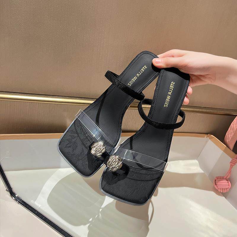 传祺女鞋夹趾法式黑色凉鞋2025夏新款山茶花高跟鞋细跟凉拖鞋外穿