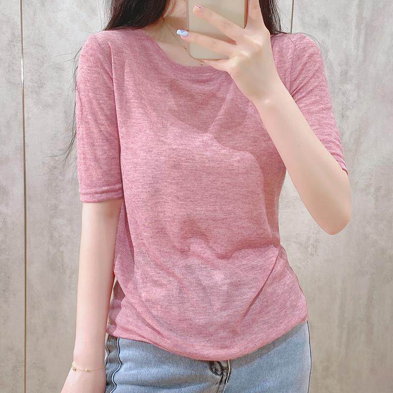 微透短袖修身正肩t恤女2025夏显瘦薄款圆领长袖小众设计感上衣春