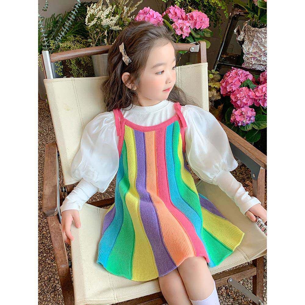 韩国女童多巴胺套装2024新款儿童春夏吊带彩虹连衣裙泡泡袖两件套
