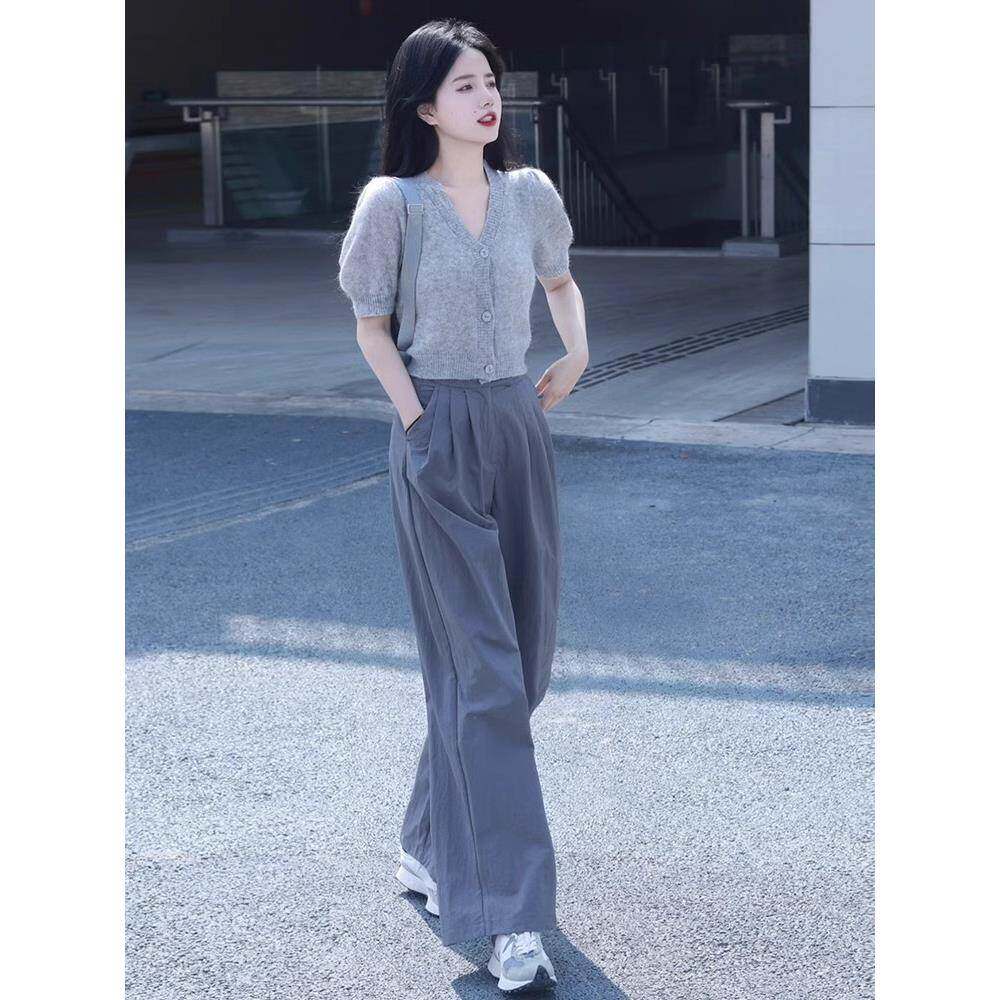 FAshi 时尚休闲减龄穿搭小个子短款针织开衫阔腿裤两件套装夏新款