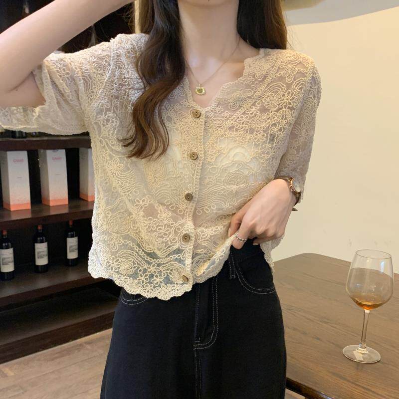 韩国短袖防晒衣女新款夏季薄款V领网纱镂空开衫蕾丝衫披肩小外套