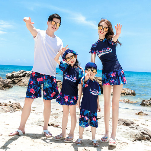 亲子装一家三口海边泳衣保守儿童