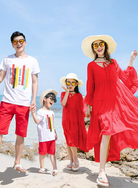 海边度假亲子装一家三口连衣裙