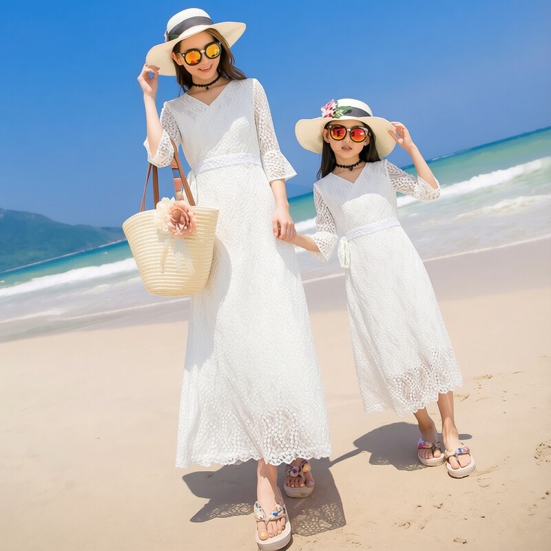 白色蕾丝连衣裙母女装夏装V领一片式中长裙海边度假亲子装女童裙