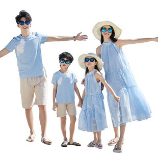 海边度假亲子装一家四口母女装多巴胺连衣裙挂脖新国风沙滩裙三口