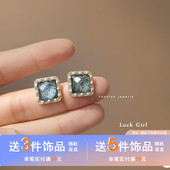 S925银针复古蓝色方形闪亮锆石耳钉唯美珍珠时尚 耳环小巧耳饰3749