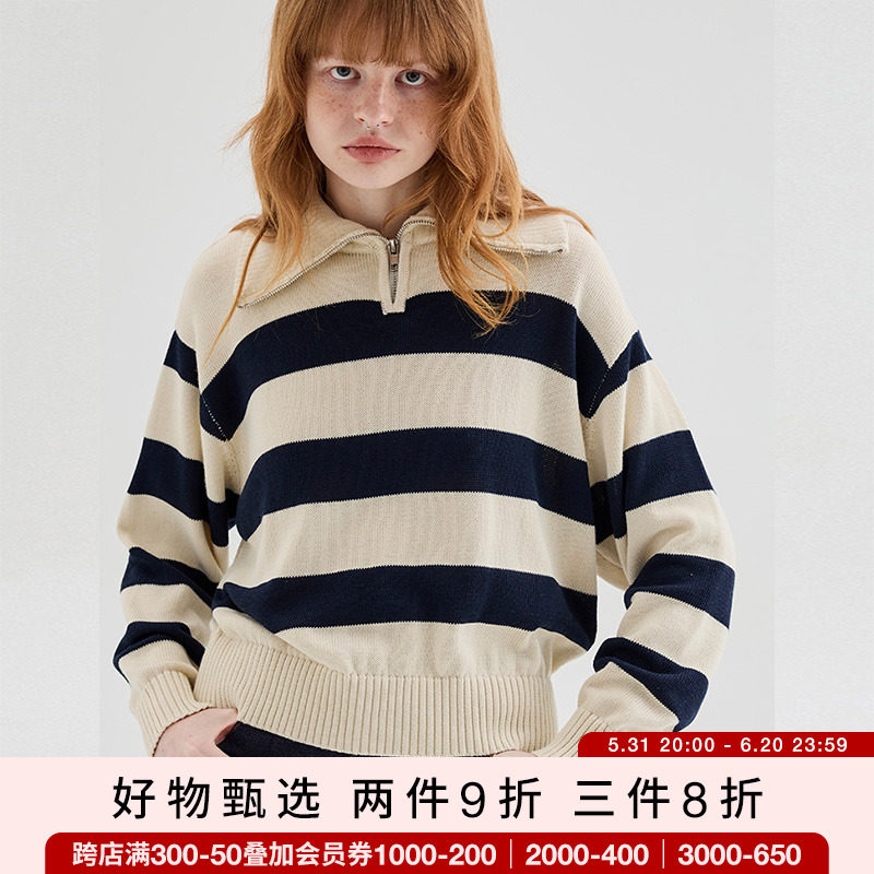 HOWL【陈钰琪同款】设计师HANDSOME& RICH刺绣条纹Polo领拉链毛衣