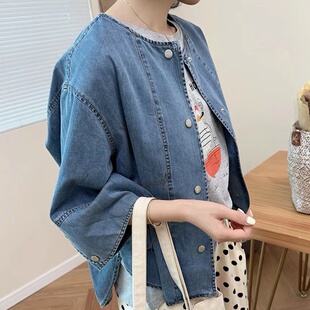 日系韩国东大门女装春夏宽松休闲风前短后长不对称七分袖牛仔外套