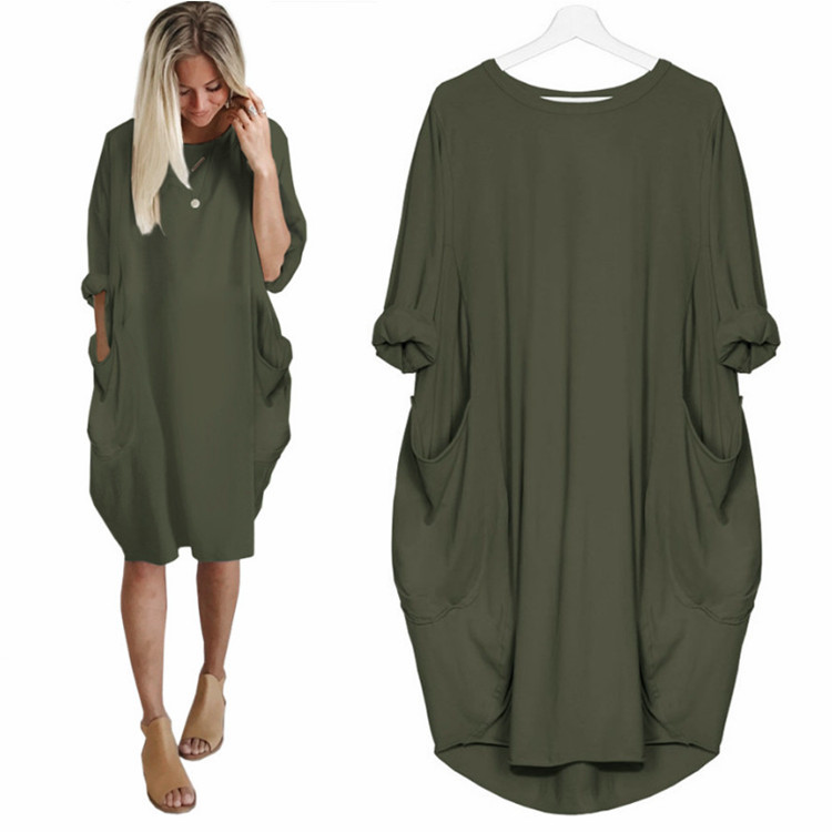 欧洲站2019早秋新款休闲宽松纯色口袋连衣裙女中裙 Women's Dress