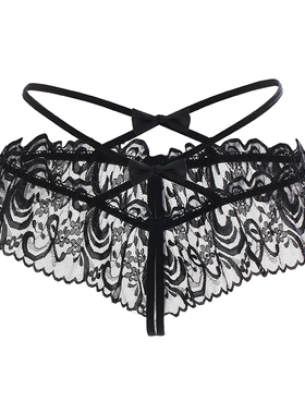 大码性感内裤蕾丝开档免脱丁字裤欧美胖MM蝴蝶结镂空低腰无痕黑色
