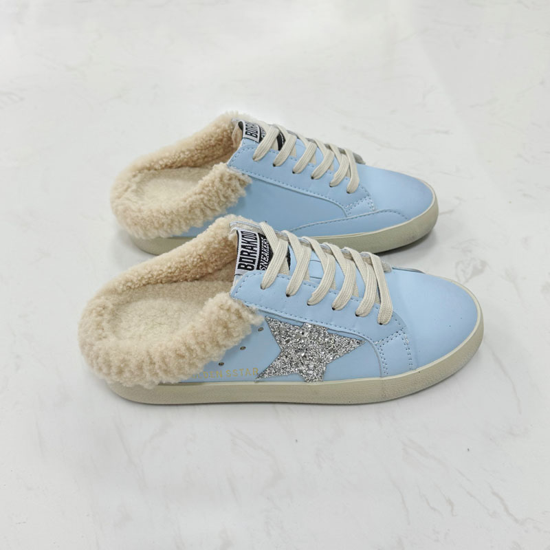 韩版秋冬新款羊羔毛懒人半拖一脚蹬加绒星星小脏女鞋休闲百搭增高