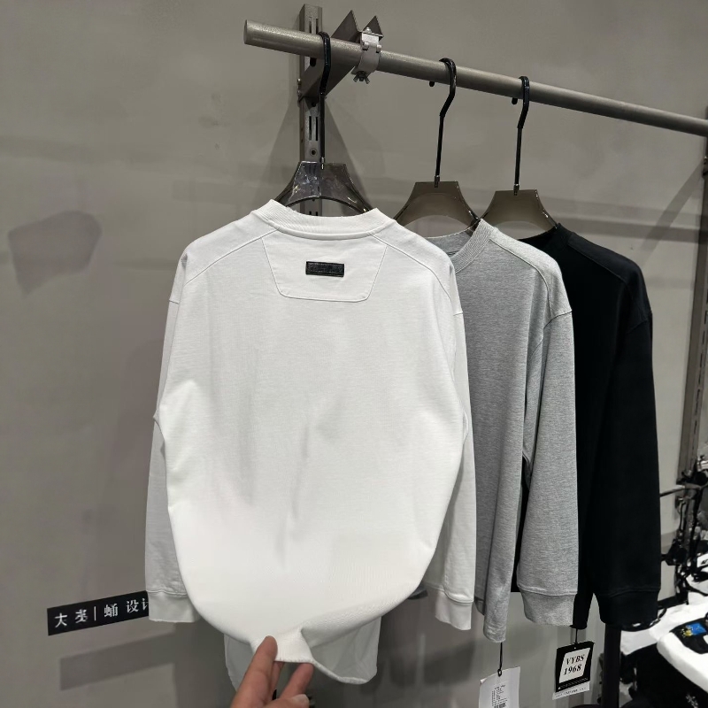 25美式纯色重磅纯棉破坏做旧长袖T恤百搭简约宽松圆领打底衫潮男