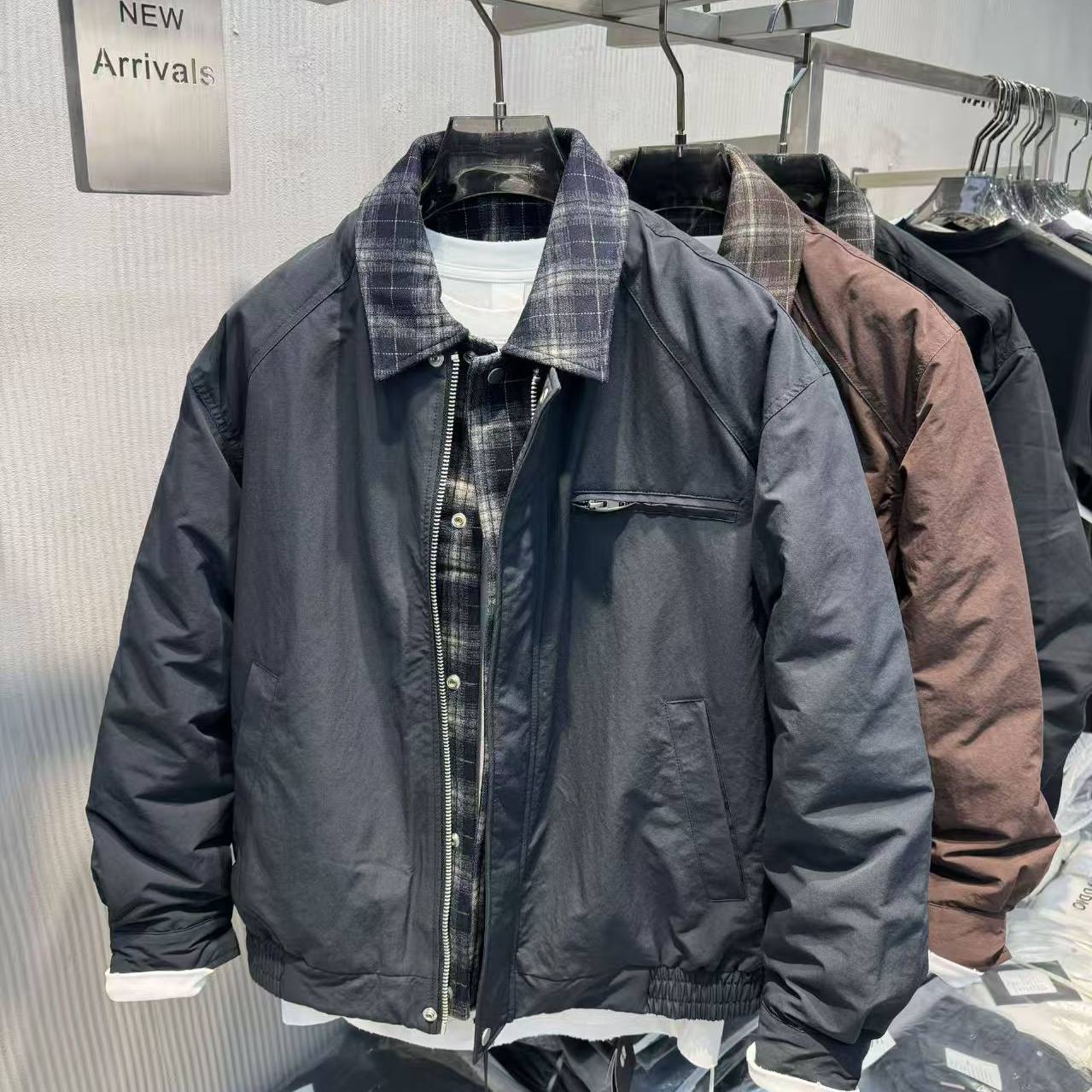 韩版假两件修身短款羽绒服夹克男