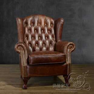 新款直销美式复古做旧蜡油皮棕色客厅单人沙发酒店会所老虎椅样板