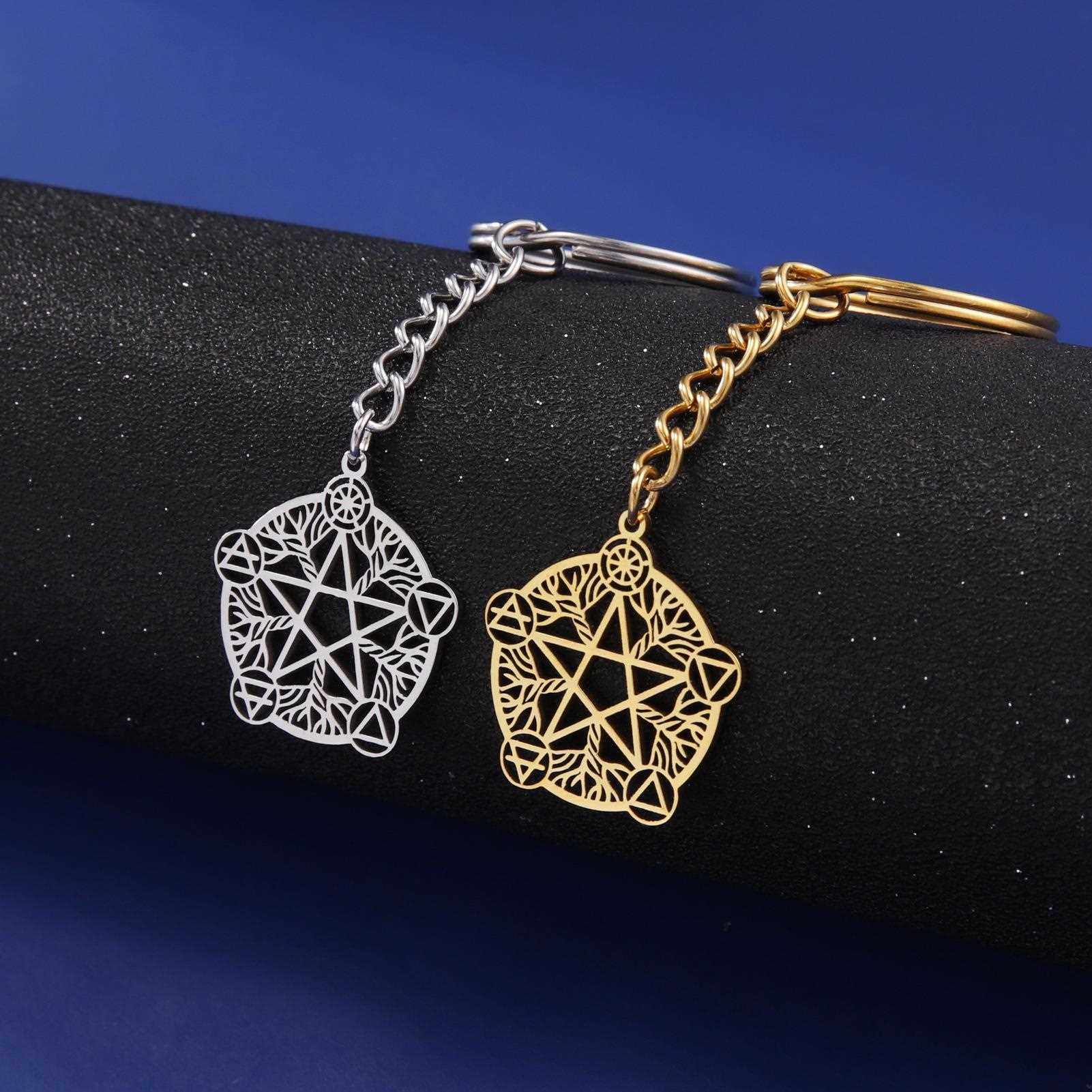 新款直销欧美热销个性复古不锈钢钥匙扣几何镂空圆环五角星符号吊