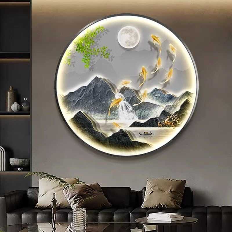 新款直销九鱼图玄关装饰画发光金山福鹿LED灯光画山水走廊圆形过图片